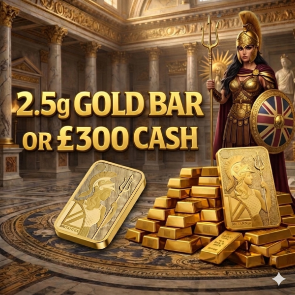 2.5g Gold Bar or £300 Cash